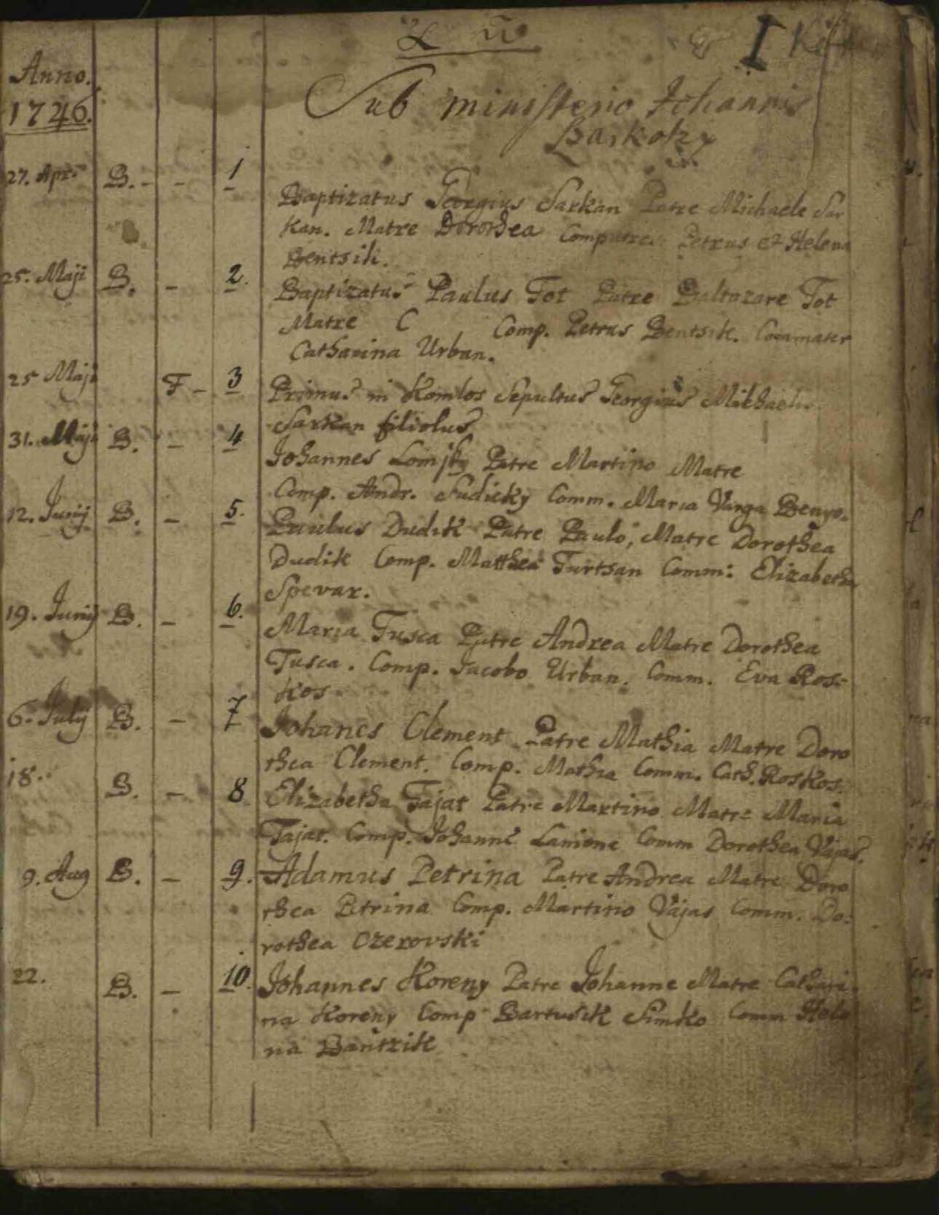 Záznam o krstoch z roku 1746 - prví novorodenci na Komlóši